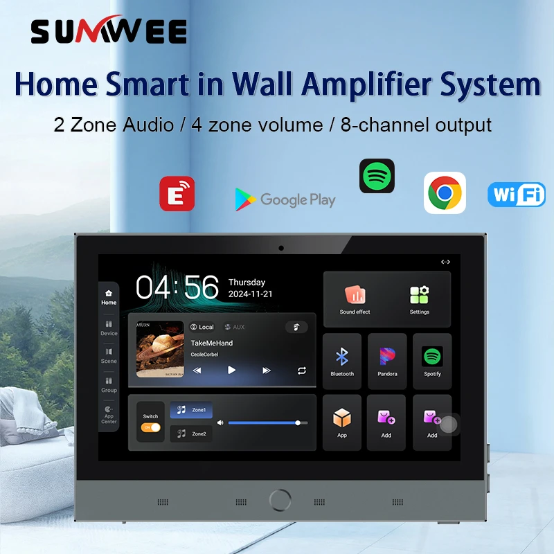 

Home smart audio system 2 zone audio in wall power amplifier 4 zone volume control panel TUYA WIFI Bluetooths sound music player
