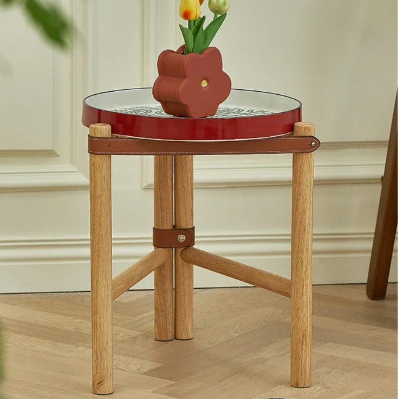 Solid wood luxury coffee table living room retro sofa side table bedside small round tray corner bedroom home furniture