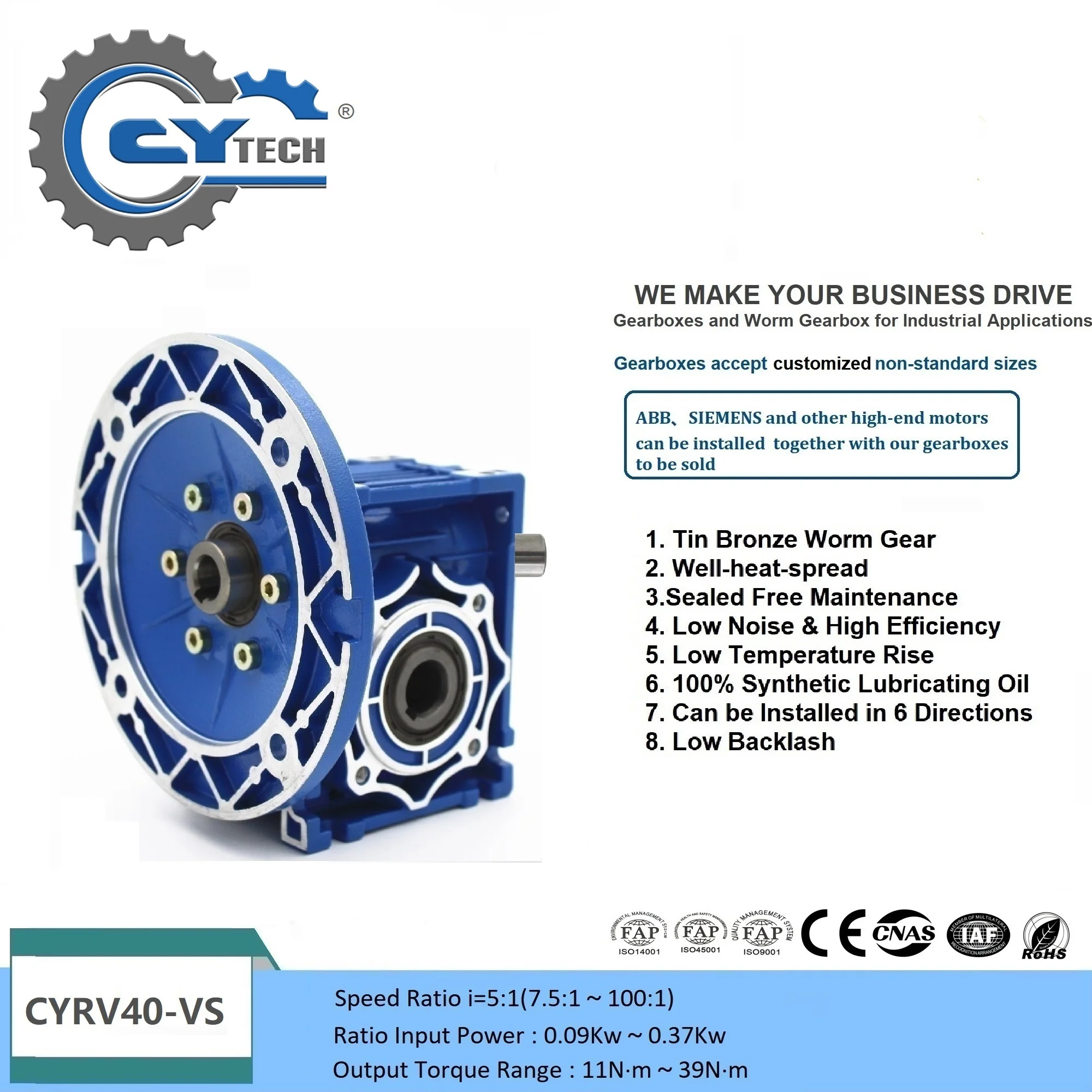 CHENYUE Worm Gearbox NMRV40-VS ratio 5:1~100:1 Input  11mm 14mm Output 18mm Speed Reducer for Motors NEMA34  free maintenance