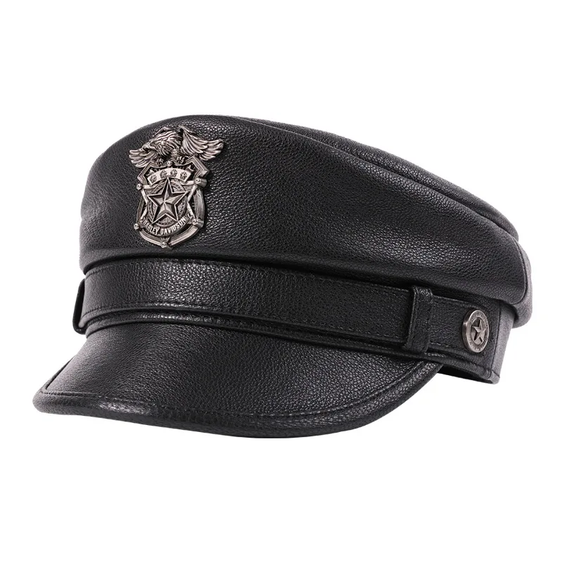 

Autumn and winter leather hat men's sheepskin flat top German captain middle-aged locomotive leather women's tide punk style