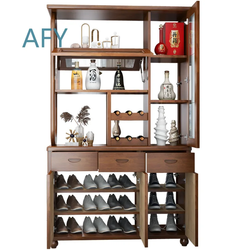 Living Room Partition Cabinet for Modern Home Decor Double Sided Solid Wood Wall Mounted Wine Rack Entryway Hall Screen