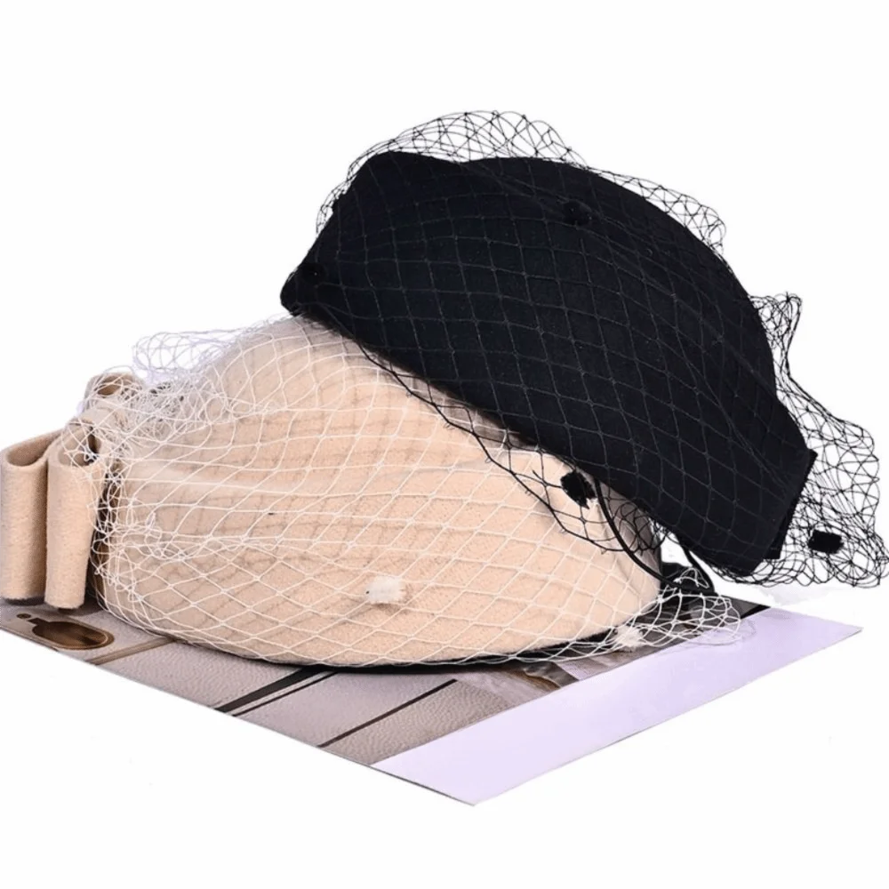 Jazz Hat Mesh Wool Bow Hat with Veil Solid Color Cashmere Stewardess Cap Warm Photography Decoration Pillbox Hat Dinner