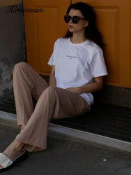 Hirsionsan Oversized Soft Cotton T-shirts Women 2023 Summer Casual Loose Short Sleeve Tees Female Simple Letter Printed Tops