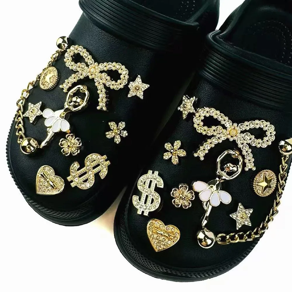 20PCS Shoe Charms Set Ballet Girl Gold Rhinestone Heart-shaped Bow Shoe Decoration Buckle for Sandals Clogs DIY Accessories Gift