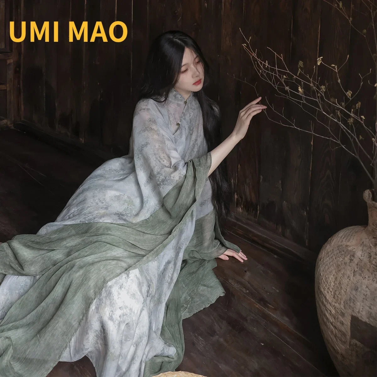 UMI MAO Homemade Women\'s Clothing Cool Chinese Style Cheongsam Sleeves Loose And Elegant Cold Green Literary Robe Dress Women