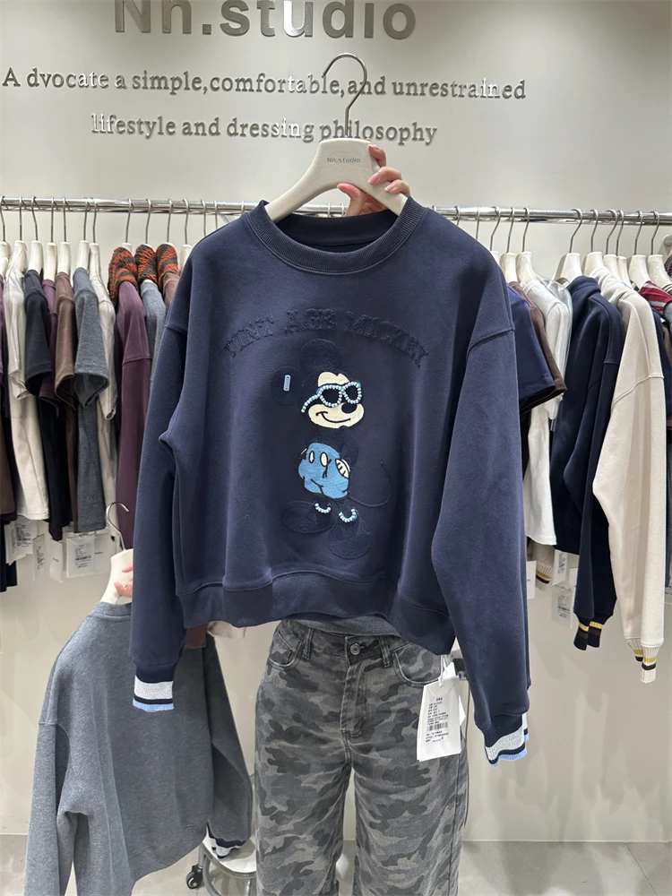 2025 Autumn Winter New Women's Short Loose Jacket Hoodies Heavy Embroidery Glasses Cartoon Pullover Crew Neck Sweatshirt Coat