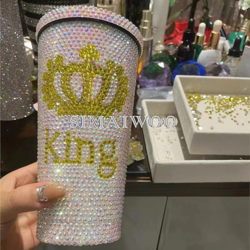 Bling Straw Cup Handmade Sparkling Crown Leopard Stainless Steel 500ML Thermos Vaccum Christmas Red Green Mosaic Cross Stitch