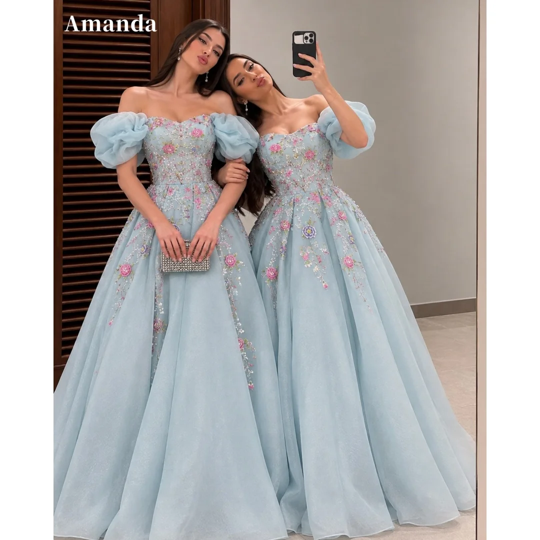 Amanda Custom Light Blue Off Shoulder Puff Sleeve Floral Prom Dress A Line Long Formal Evening Gown Homecoming Dress