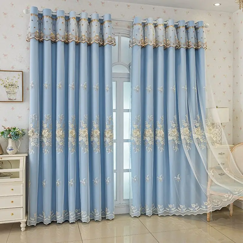 Luxury European Embossed Floral Embroidered Double Layer Curtain with Tulle Sheer & Valance for Living Room Bedroom