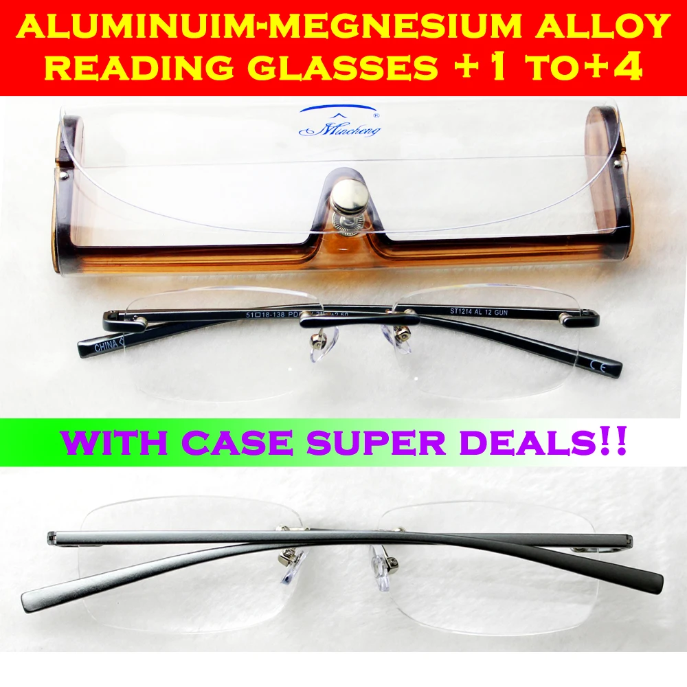 New Aluminium Magnesium Rimless Frameless Super Light Rigid Men Women Reading Glasses + Case +1 +2 +2.5 +2.75 +3.75 +3.5