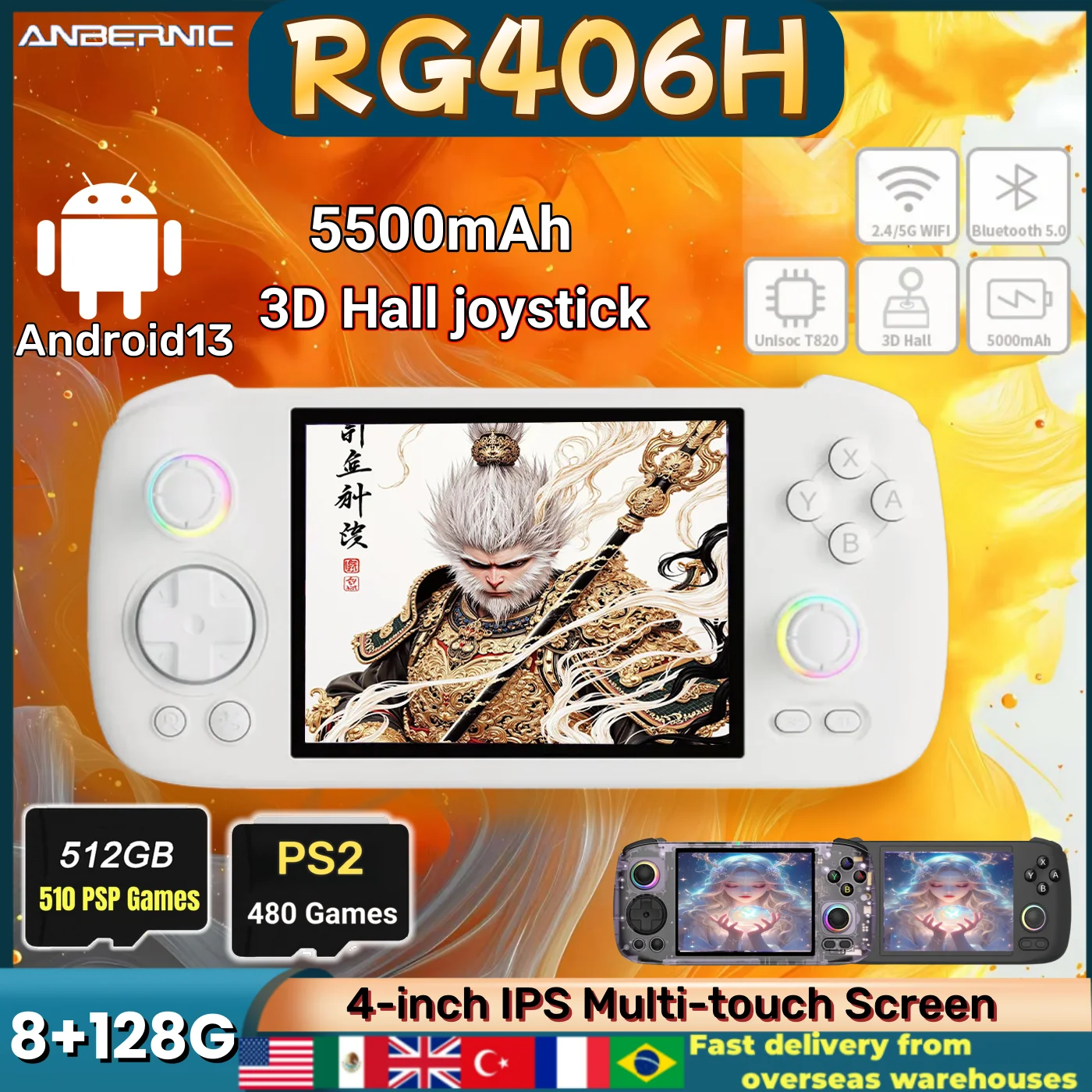 ANBERNIC RG406H RG 406H Handheld Game Console 4inch Multi-touch Screen Android 13 3D Hall joystick Video Games 8G+128G 512G PS2