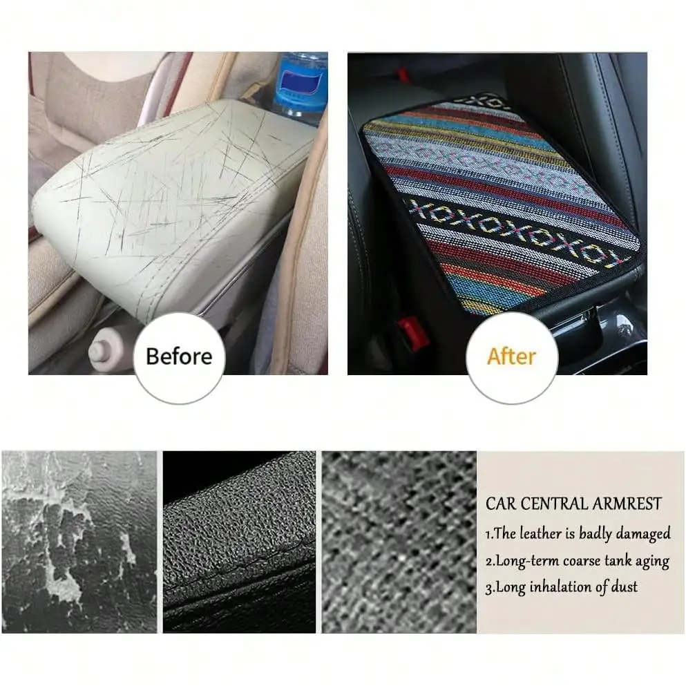Boho Car Center Console Armrest Cover, Comfort Support Universal Fit For Car Truck SUV Interior Decor