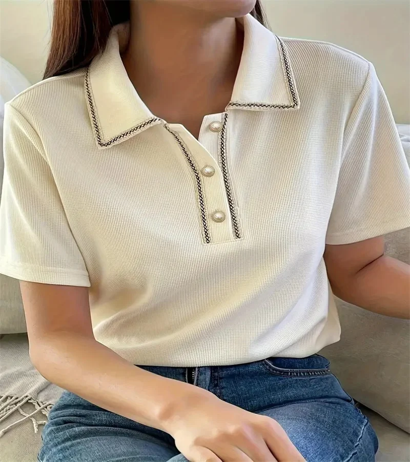 Spring 2024 Women\'s pure color button-down T-shirt spring and summer casual office short-sleeved shirt