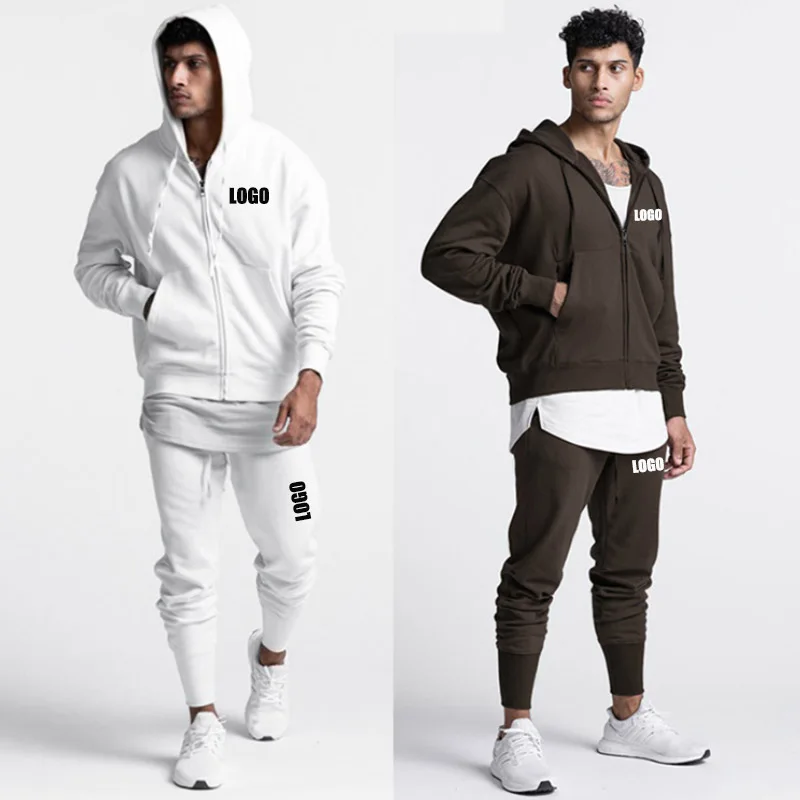 Custom LOGO2024 men's new 280G cotton and polyester sports and leisure hooded cardigan sweater corset sweatpants two-piece set