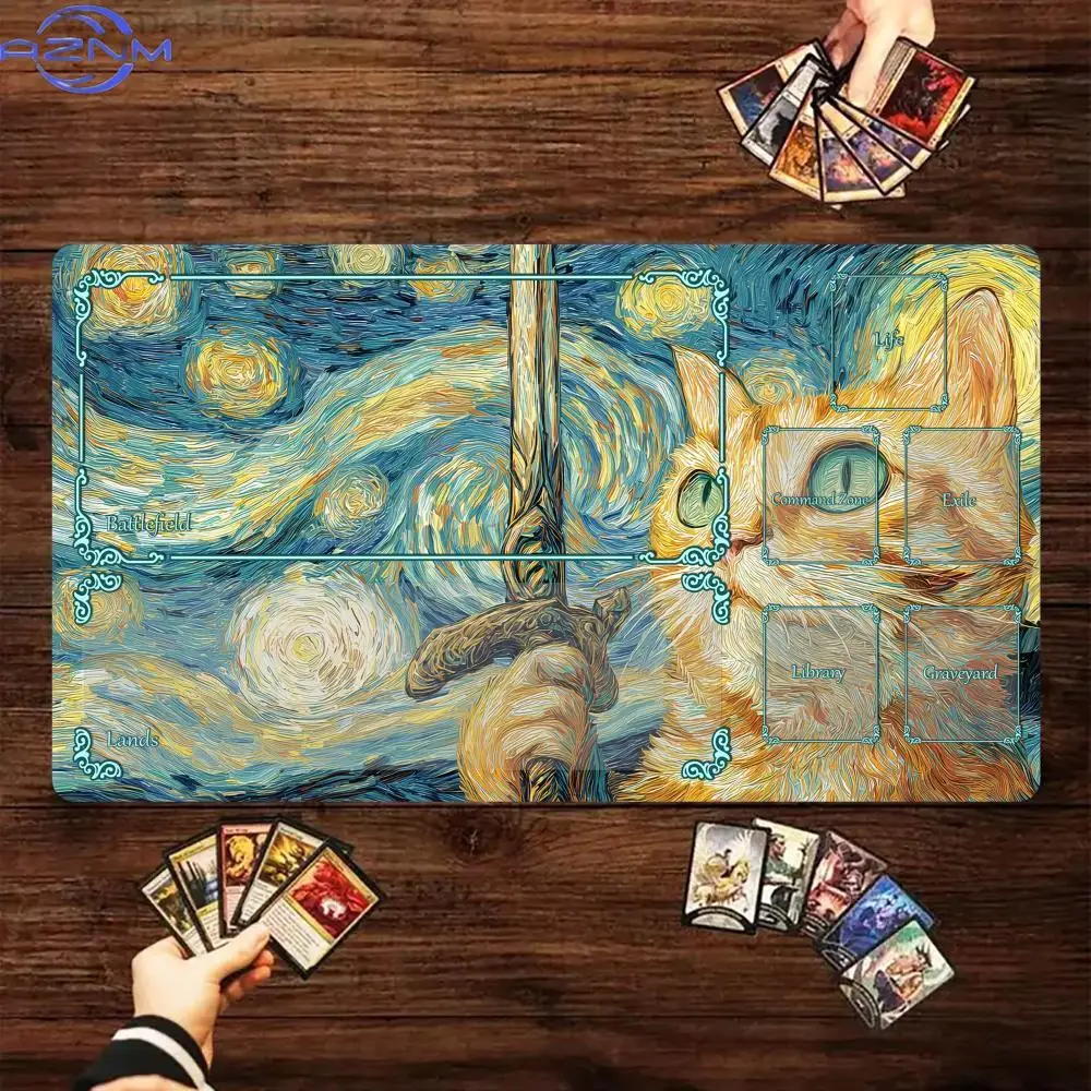 Magic Card Playmat with Zone Art Style Samurai Cat MTG Playmat Gathering Gaming Mats Desk Mat Commander Battle Playmat Magic Rug