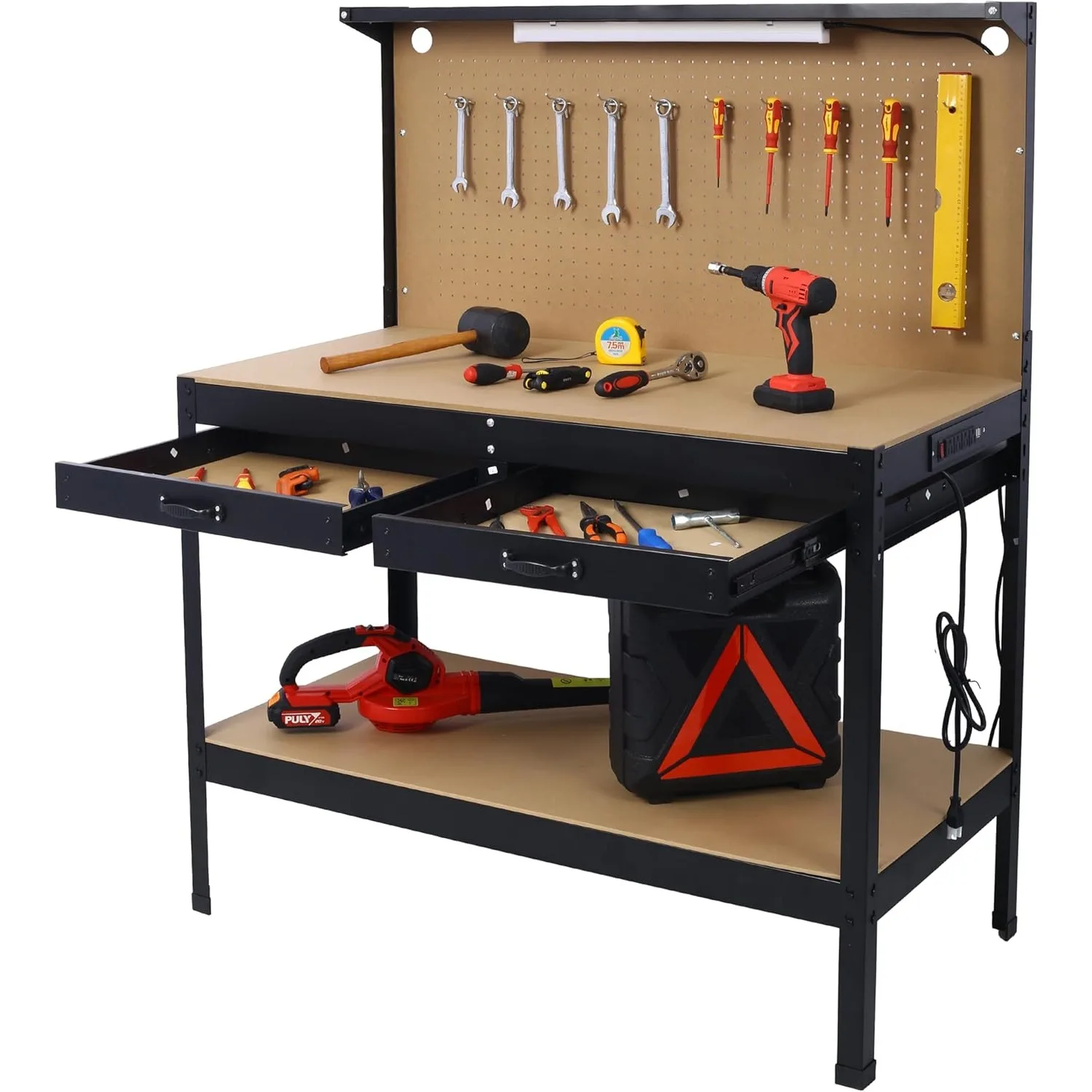 Workbench with Power Outlets and LED Light - Heavy-Duty Steel Workbench with 4xAC Outlets 2xUSB Ports