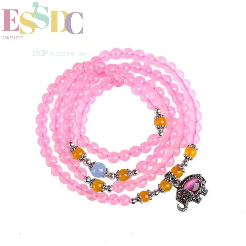 

Handmade Fashion 6mm Natural Crystal 108 Beads Hand String with Cute Pink Cat's Eye Stone Elephant Women's Yoga Bracelet