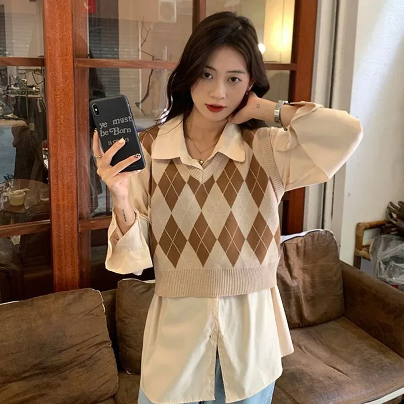 Lucyever Retro Argyle Pattern Women Vest Sweater Harajuku Preppy Style Sleeveless Sweaters Girl Autumn V-Neck Knitted Crop Tops