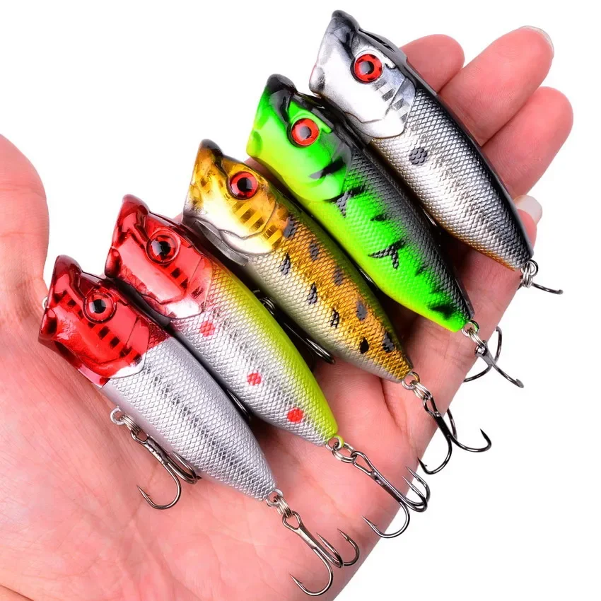 5pcs Topwater Popper Fishing Lures 3d Eyes Hard Baits Artificial Wobblers Plastic Fishing Tackle Isca Artificial Surface Bait