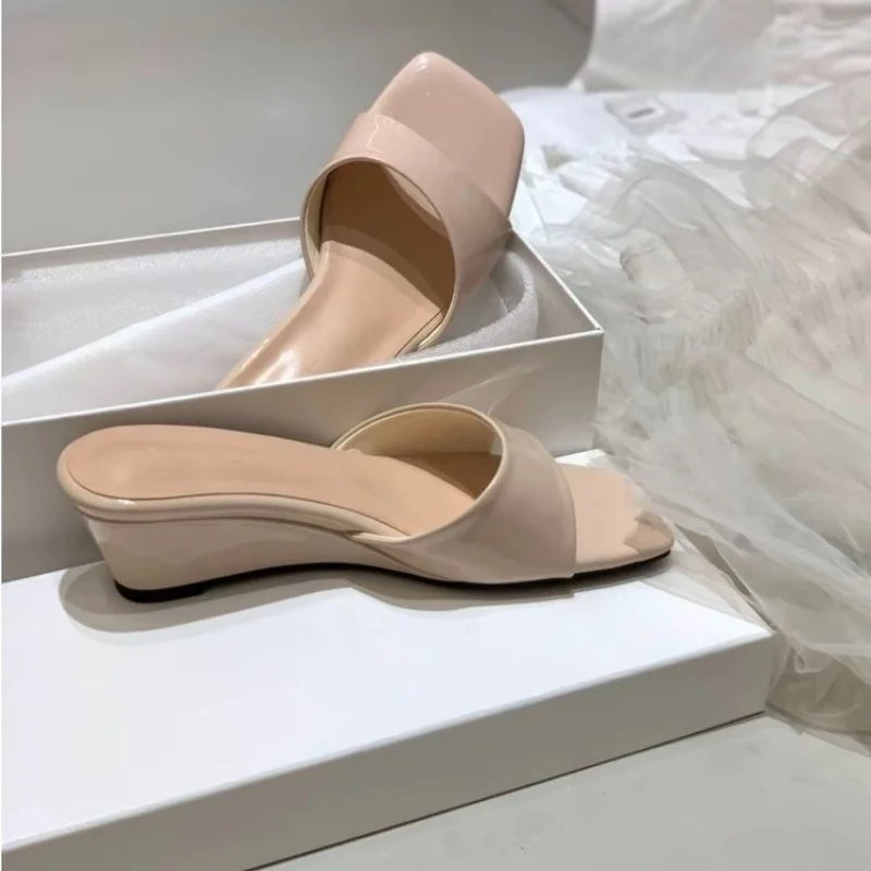 *Summer Hot Selling Comfortable Square Toe Open Toe Slope Heel Slippers Fashionable New Style Elegant Temperament Beach Slippers