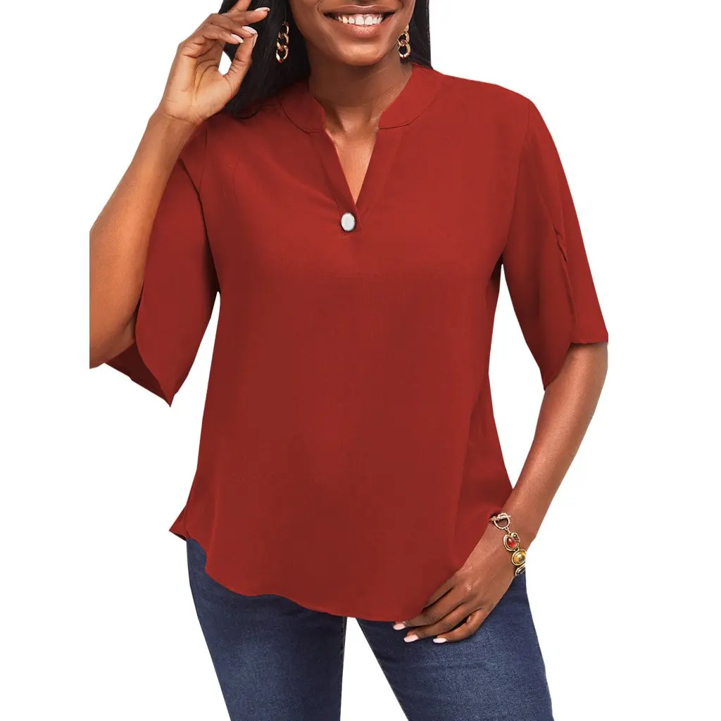 レディース Vネックボタン付きトップス カジュアルファッション 無地 SMR11195 新作 欧米風