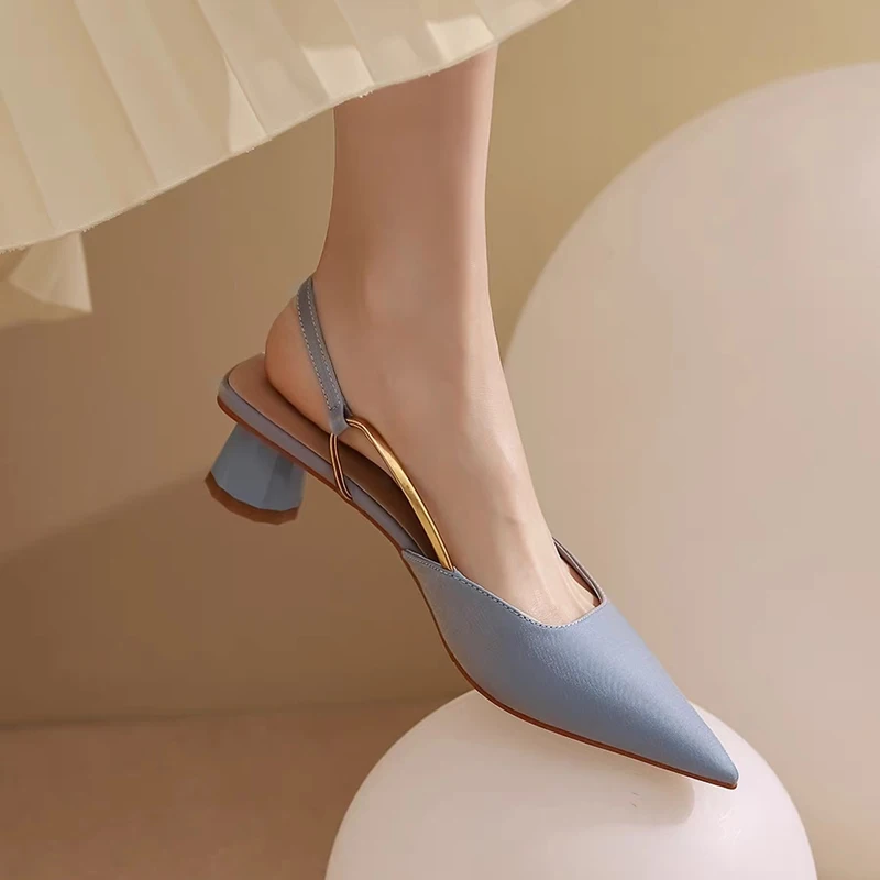 French Satin Style Sandals 2024 Spring Women New Pointed Mid Heel Design Luxury Versatile Single Shoes Zapatos De Mujer Trafza