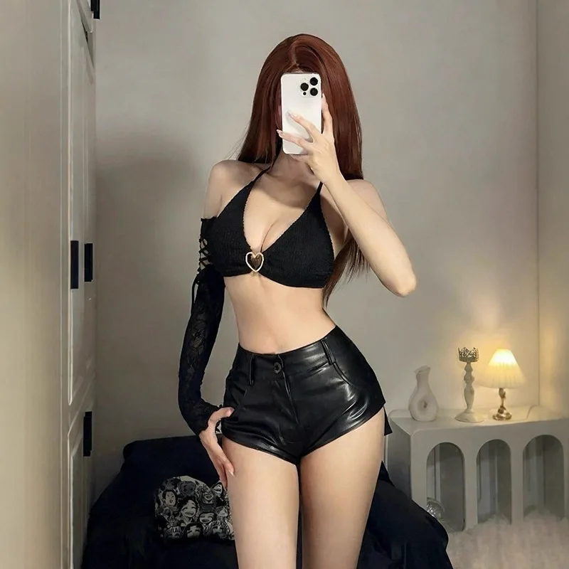 

New Black High-waisted Elastic Shorts Women's Tight Pu Leather Super Booty Shorts