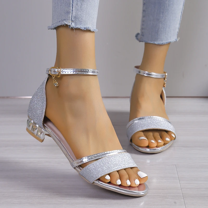 Women\'s Sandals 2024 Summer New Fashion Crystal Party Shoes for Women Comfortable Open Toed Thick Heel Sandals Sandalias Mujer