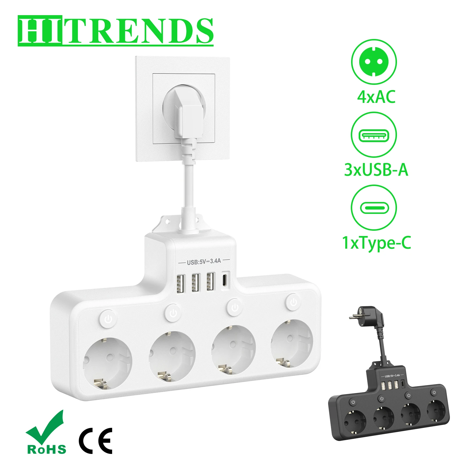 

EU Plug Power Strip Multiple Socket with Individual switch 4 AC Outlets 4 USB, Multiple Plugs USB Wall Socket Surge Protector