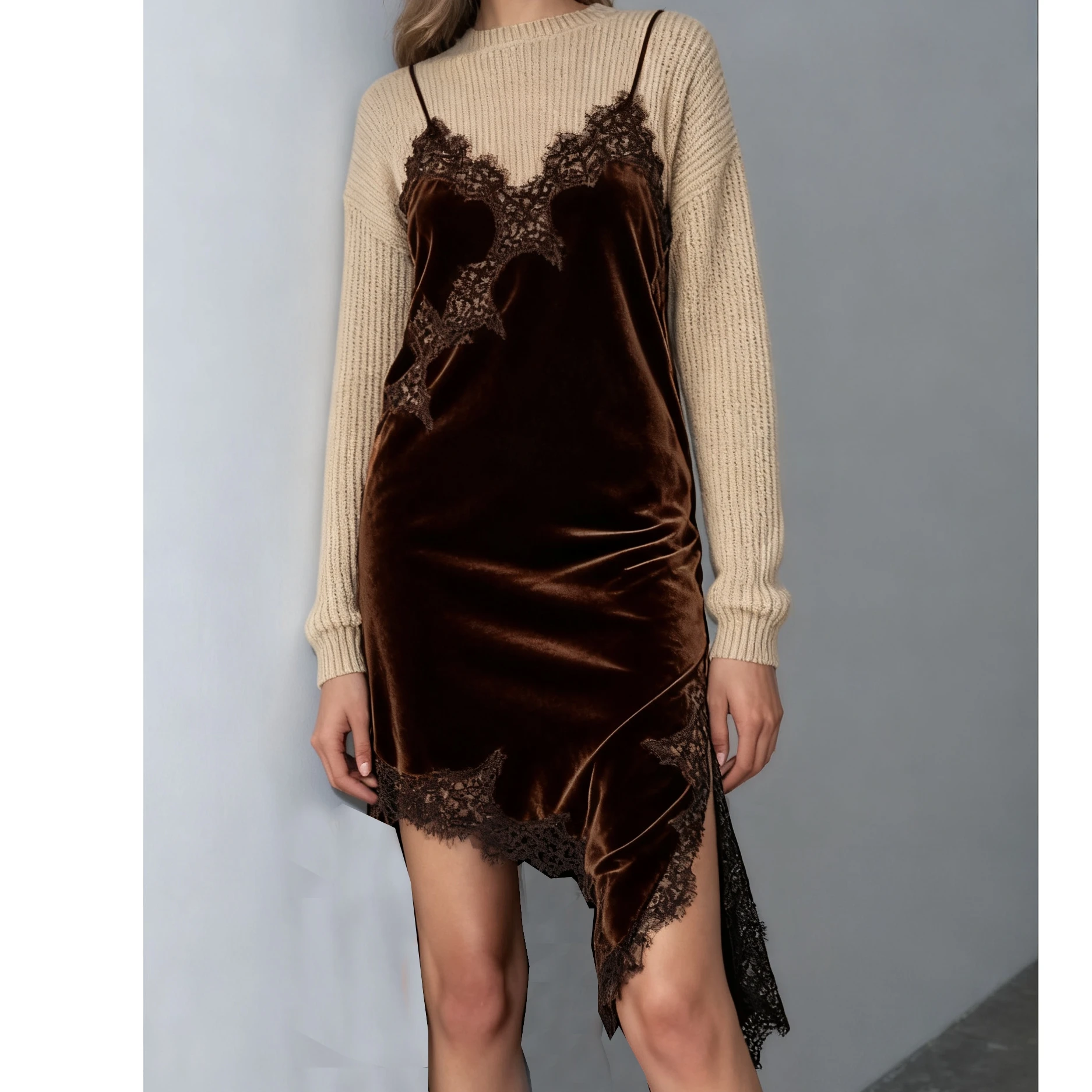 Luksusowa damska sukienka z aksamitu, patchworkowa, na ramiączkach spaghetti, z dekoltem w serek, odkrytymi plecami, koronkowym wykończeniem i rozcięciem, sukienka midi, odzież klubowa.