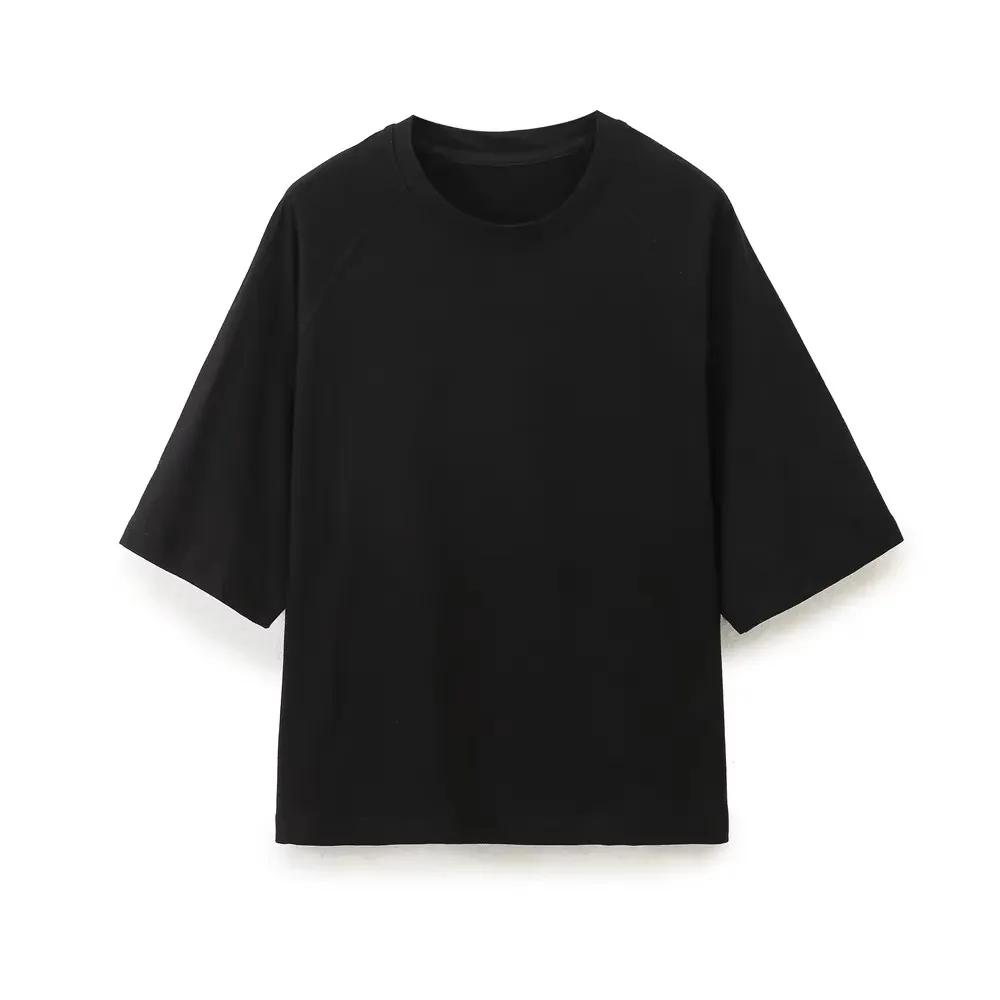 HH المرأة قصيرة الأكمام تي شيرت س الرقبة فضفاضة رداء علوي غير رسمي بسيط الأساسية 2024 صيف جديد امرأة شيك القمم الصلبة تي شيرت #4