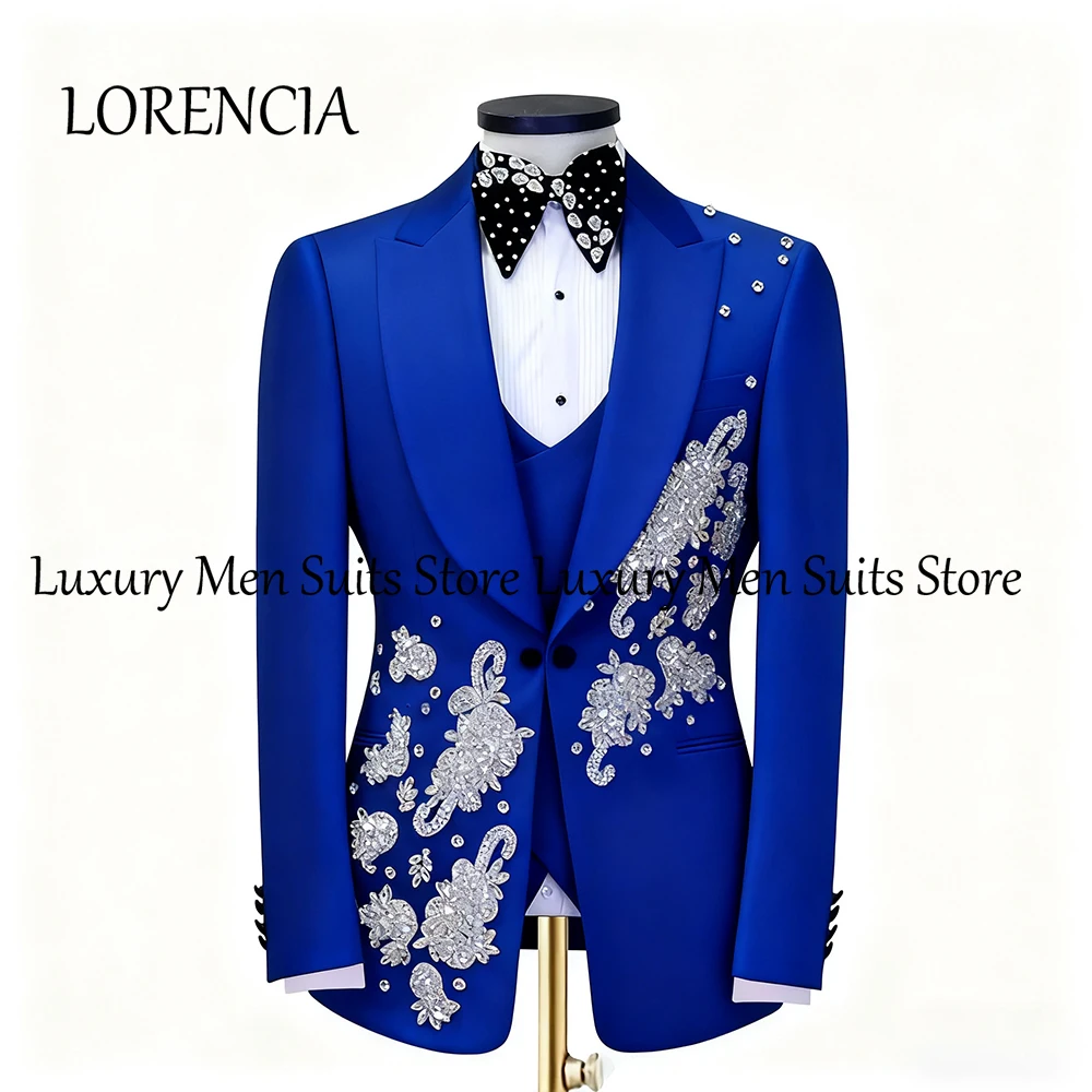 

Sparkling Applique Suits for Men 3 Pieces Crystal Tuxedos Set Wedding Groom Outfit Customized Blazer Pants trajes para hombre