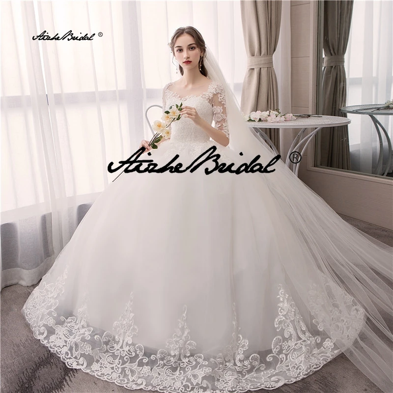 فستان الزفاف التطريز الدانتيل يصل حجم كبير مخصص س الرقبة فساتين الزفاف نصف كم الكرة ثوب رداء دي ماري