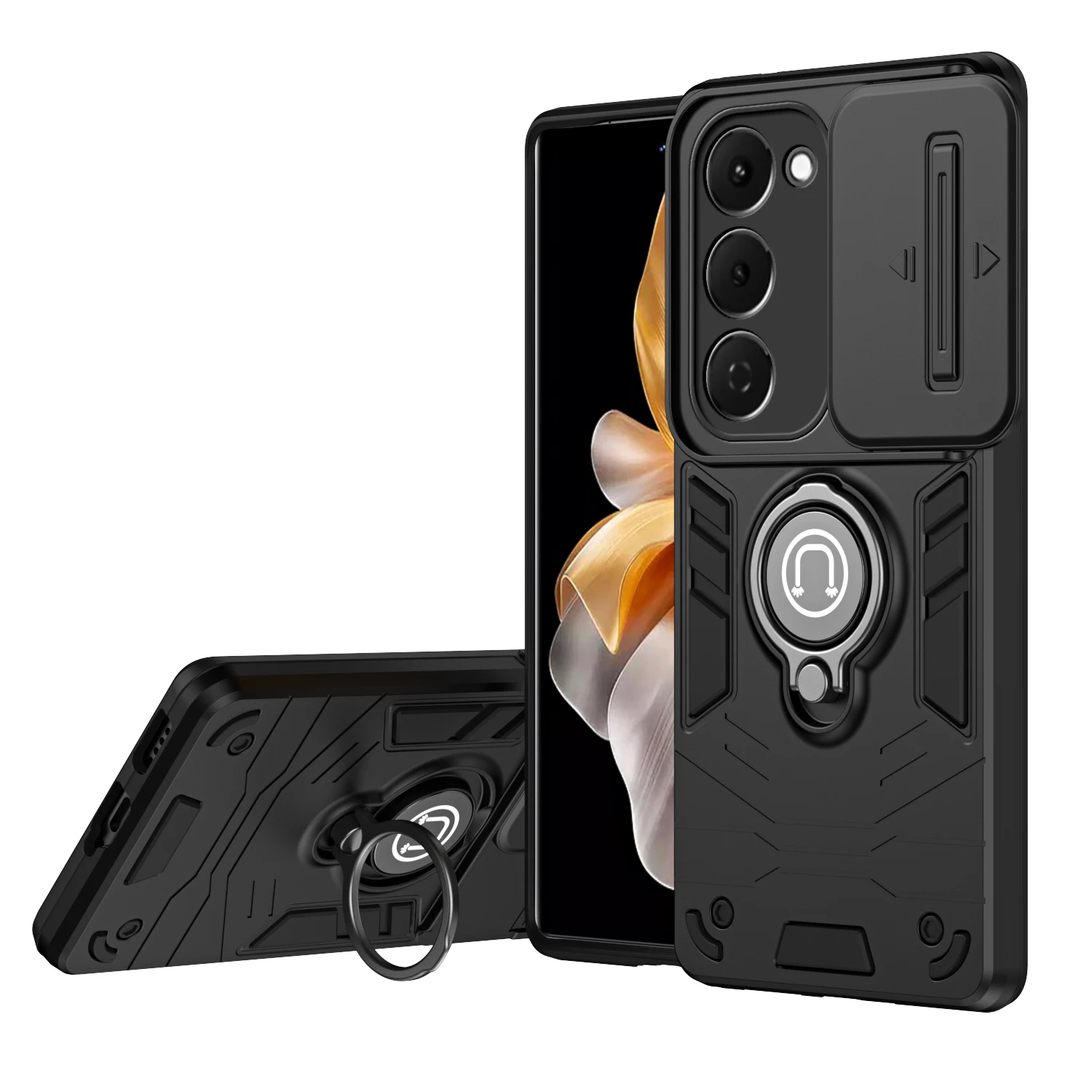 Hybrid Armor Shockproof Case For Tecno Spark 40 Pro Plus 4G KM7 Sliding Window Metal Ring Holder TPU Frame Plastic Phone Cover