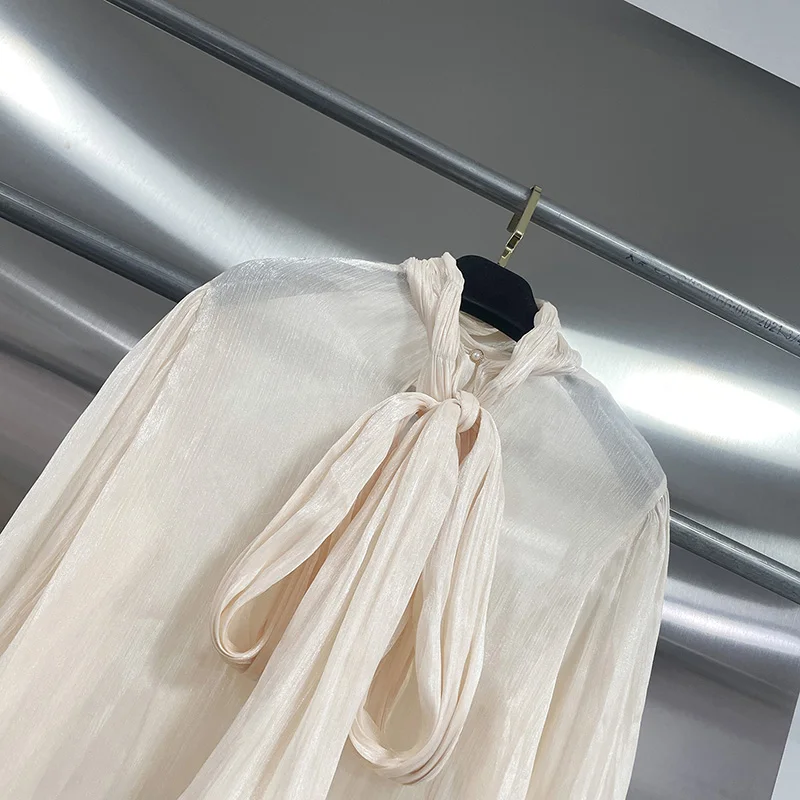 KBQ Franse stijl effen losse elegante blouse voor dames ronde hals lange mouw herfst temperament lace-up casual shirts vrouwelijk nieuw