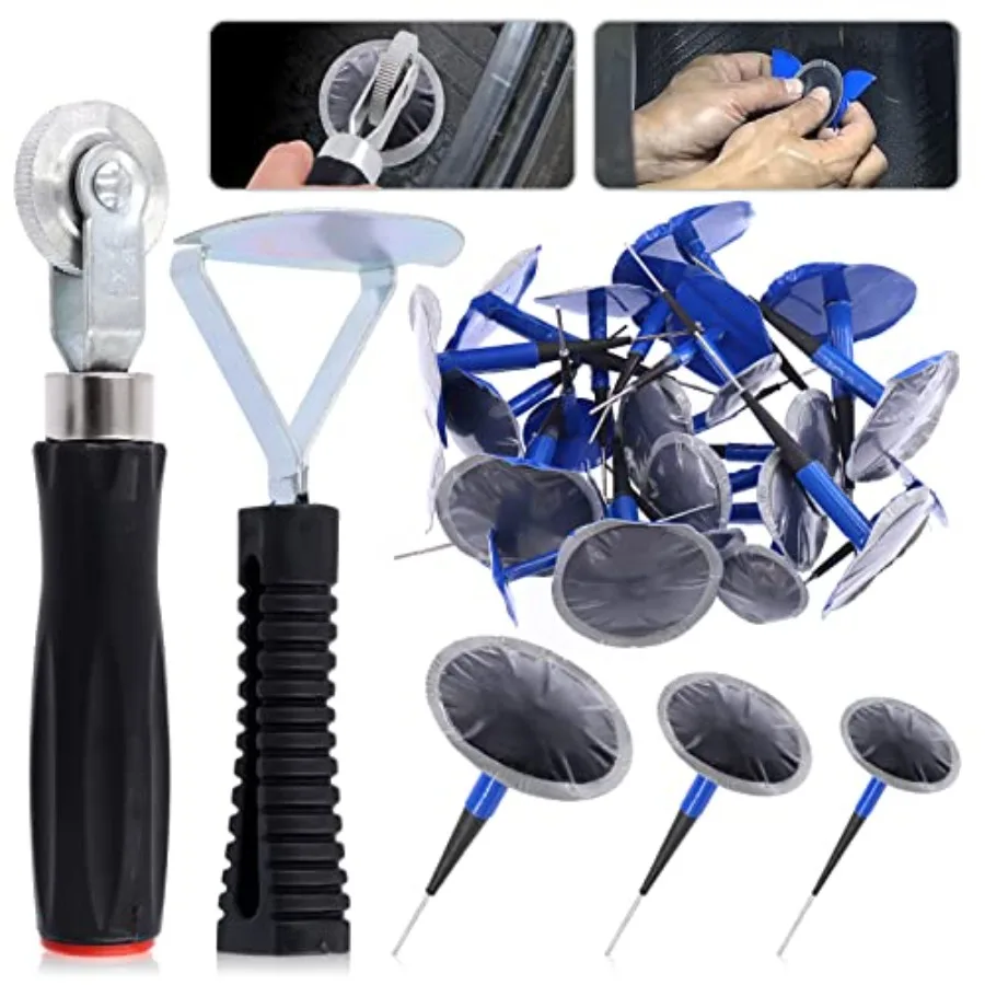 

26Pcs Tire Repair Patch Tool Kit Including 1Pc Tire Patch Roller, 1Pc Tire Inner Liner Scraper and 24Pcs 4mm/6mm/9mm Tire Repai