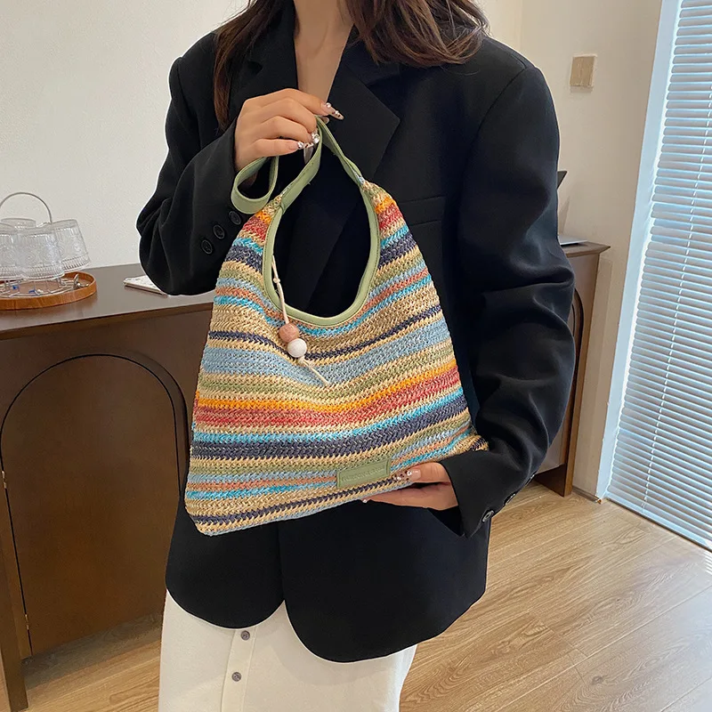 1pcs Fresh Color Block Straw Woven Bag Lightweight Casual Travel Shopping Literary Style Women Shoulder Tote Handbag