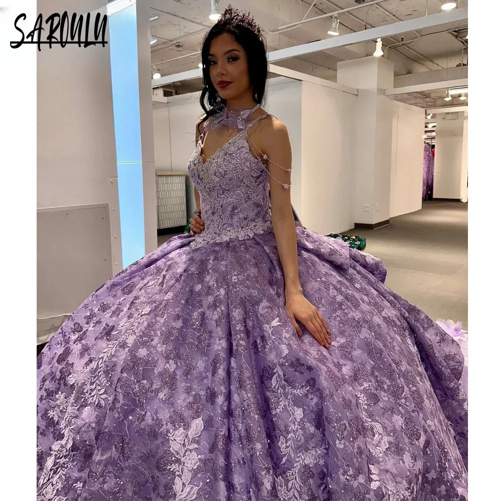 Glitter Floral Appliques Princess Quinceanera Dress Party Customized V-neck Floor-length 15 16 Birthday Gown Vestidos De Novia