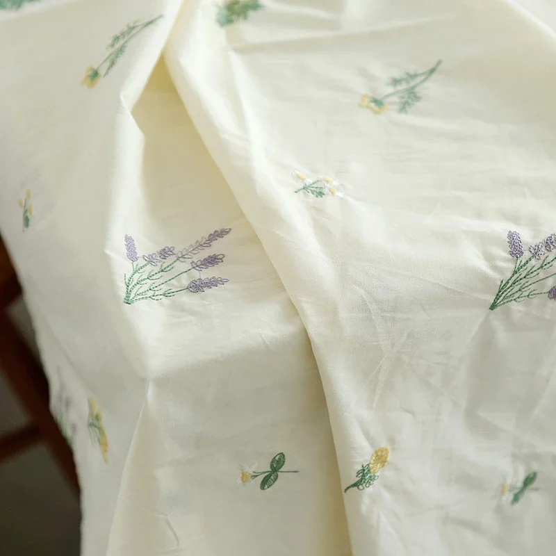 Beige Pastoral Lavender Embroidery Pure Cotton Fabric DIY Handmade Clothes Dress By the meter