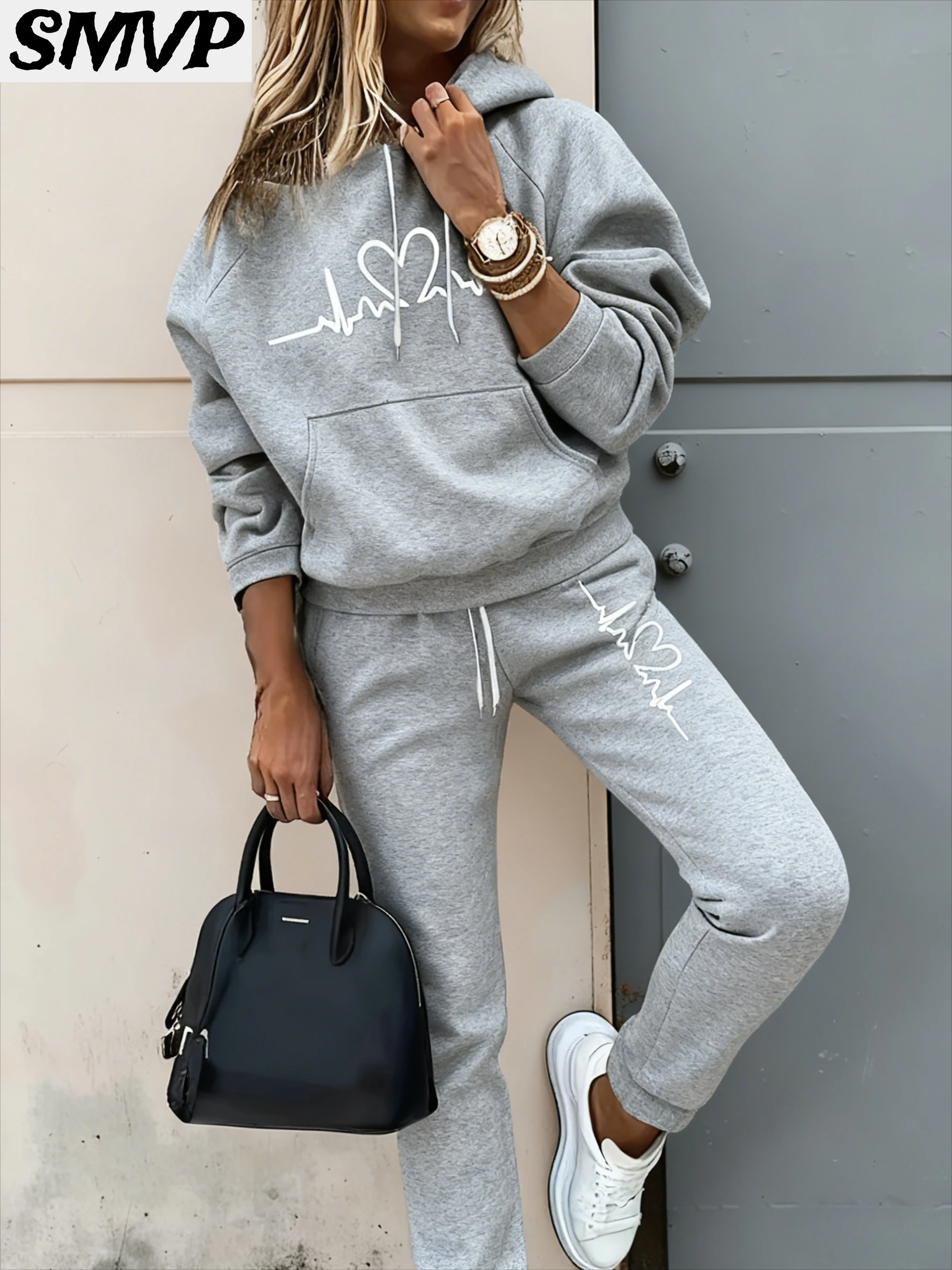 SMVP النساء الفتيات القطن هوديي مجموعة رمادي ضربات القلب خط نمط قطعتين الزي عارضة المتسكعون الأم ابنة