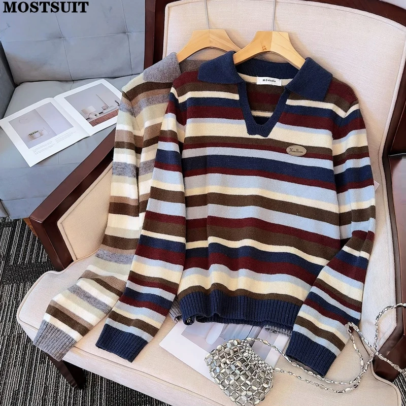 

Striped Knit Sweater Knitwear Women 2026 Spring Long Sleeve V-neck Pullover Tops Elegant Casual Fashion Loose Ladies Jumpers