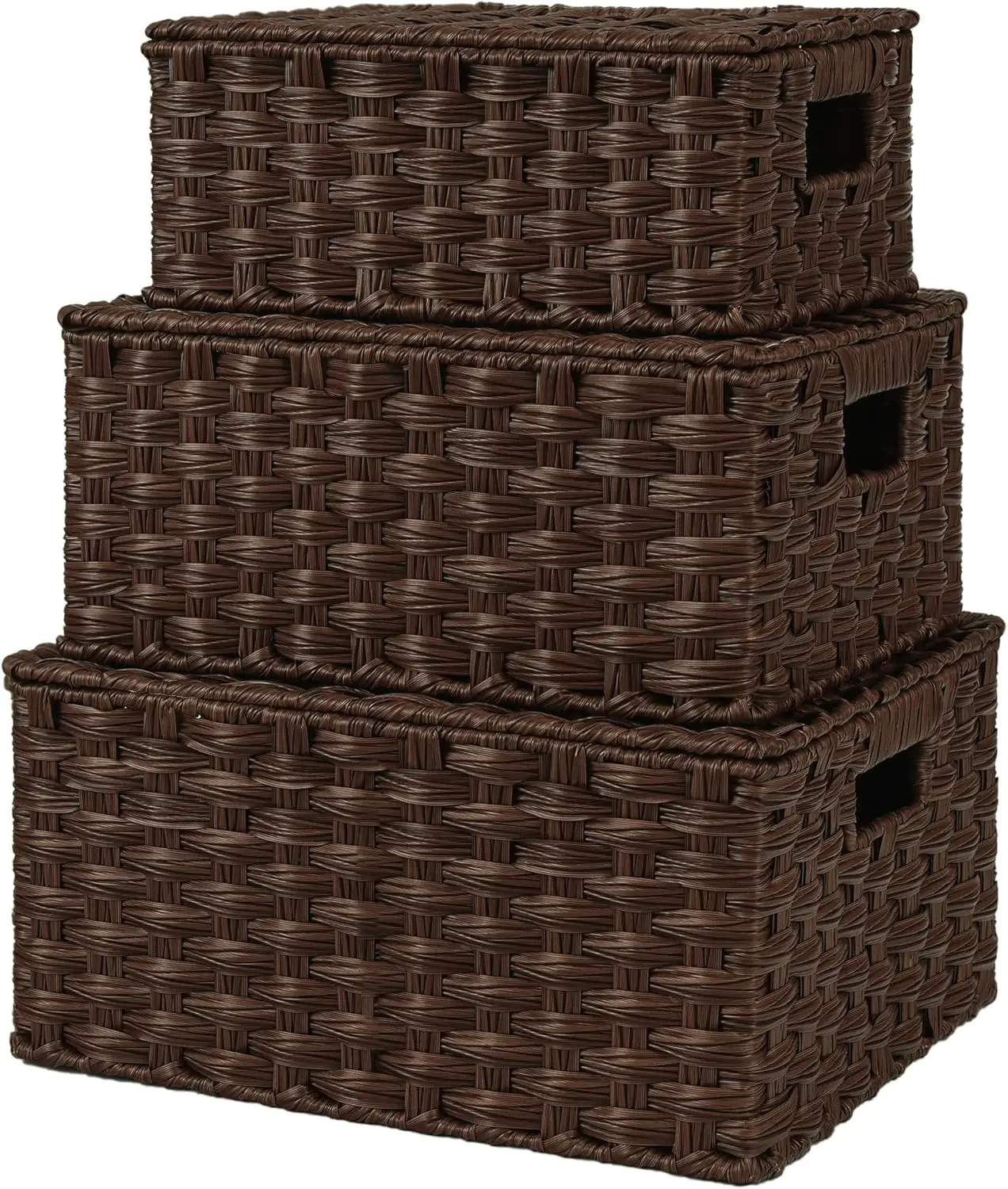 

Set of 3 Wicker Baskets with Lids, Decorative Storage Boxes for Organizing in Brown