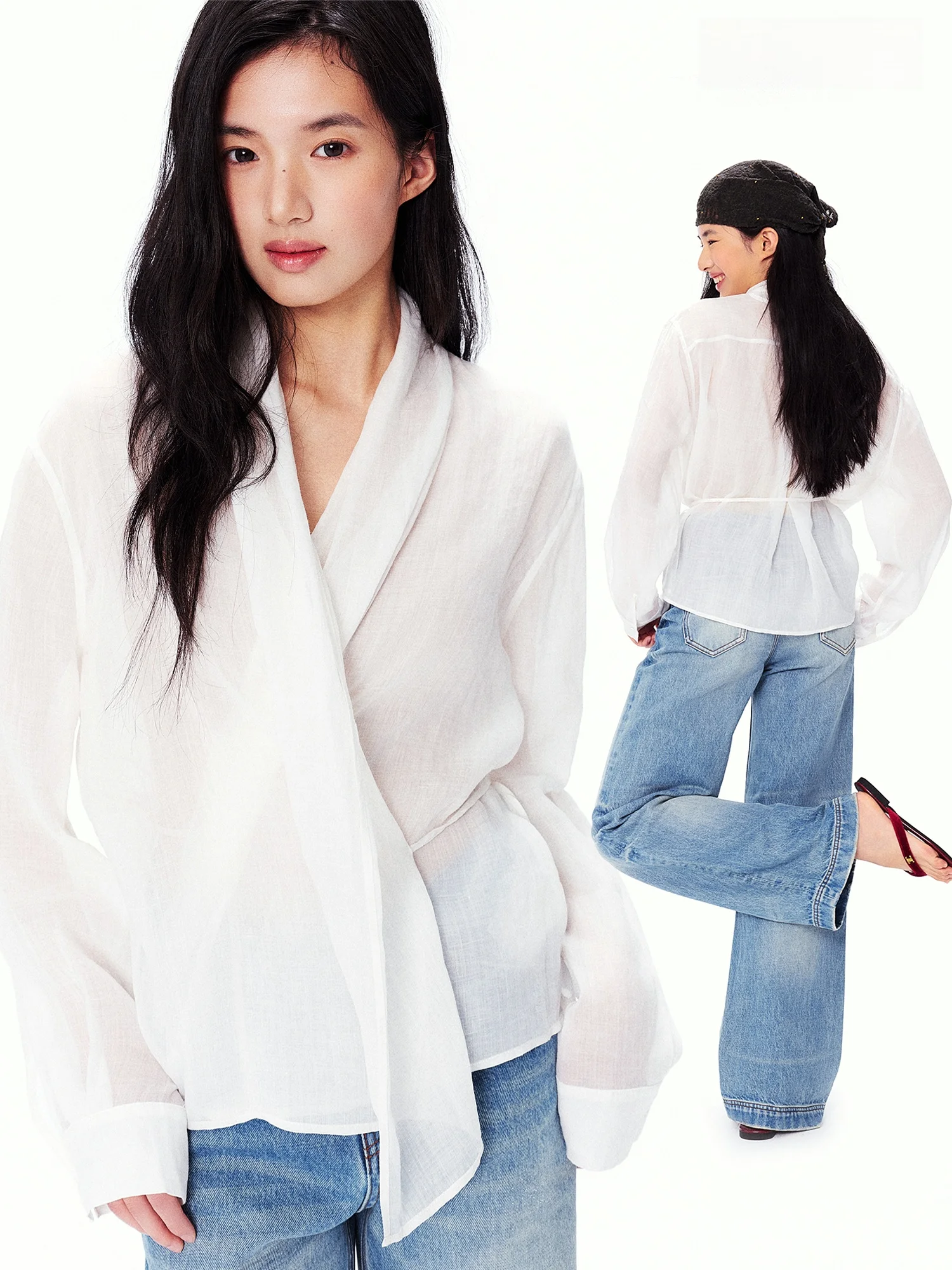

LUMIEN Women's White Long Sve irt 00% Flax Fabric Sun Protection Slim Fit Spring Summer New Sle Versatile Workwear