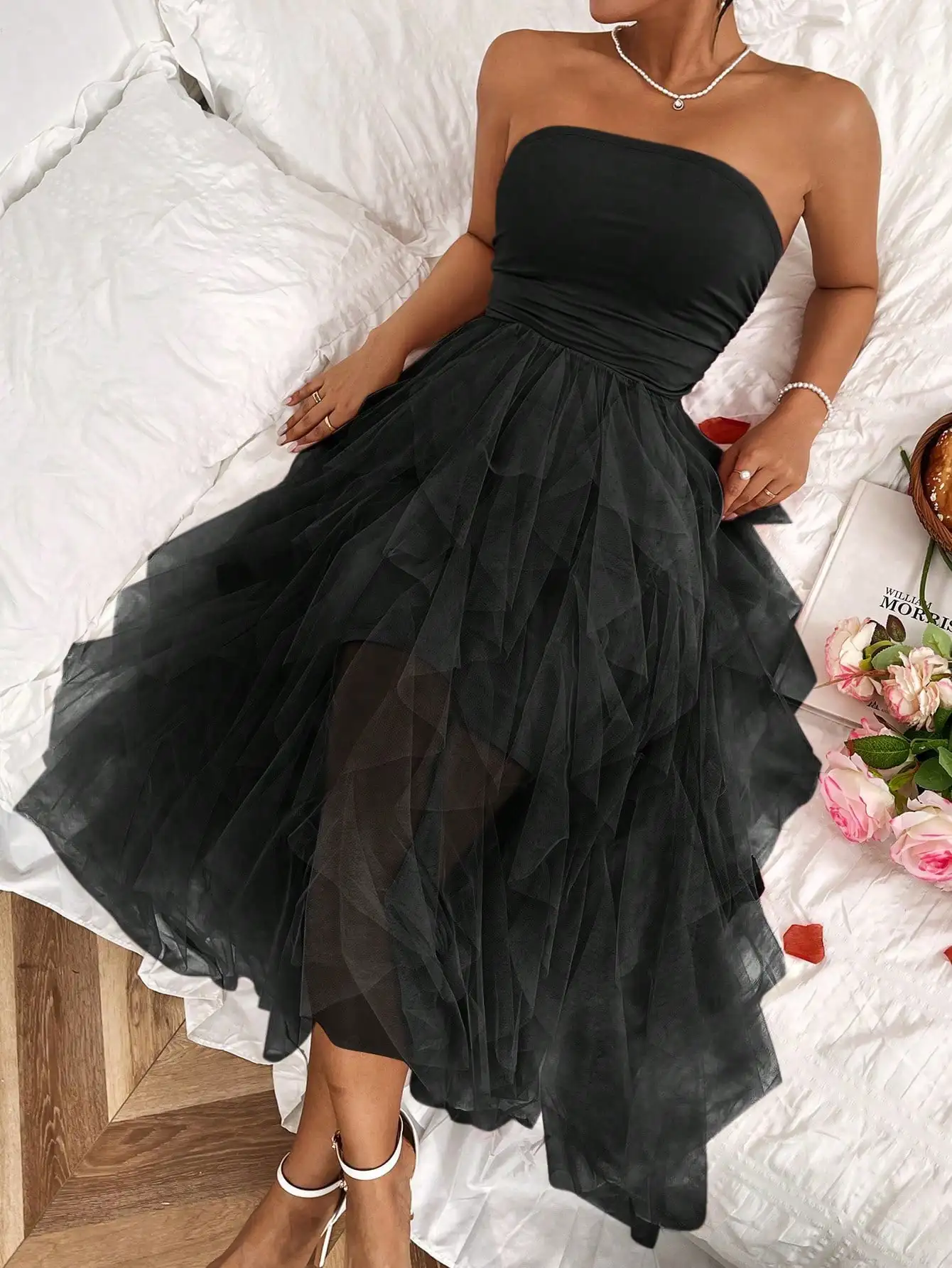 

Black Strapless Maxi Dress with Layered Tulle Skirt and Asymmetrical Hem