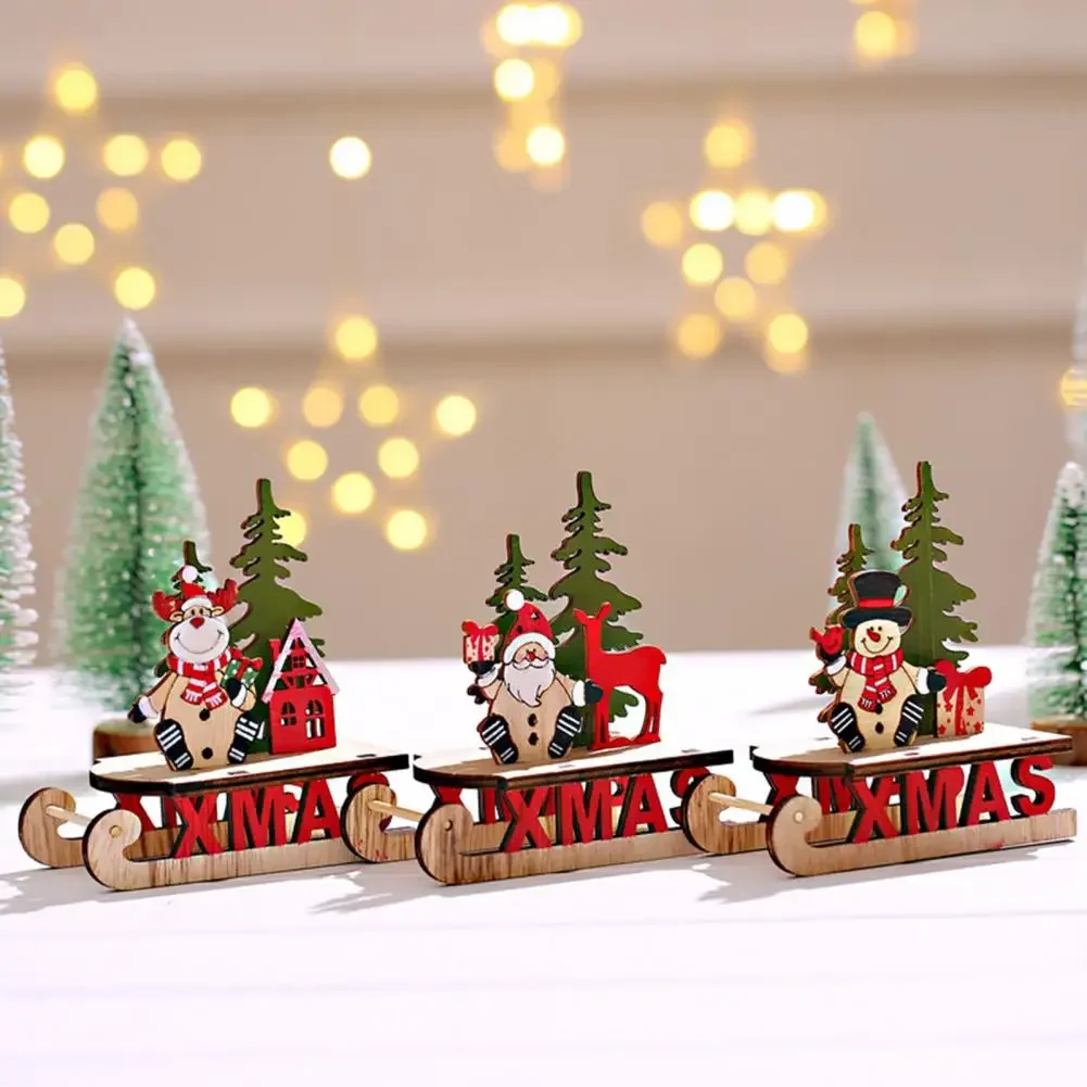 Christmas Ornament Table Top Decor Santa Claus Sleigh Ornament Festive Wooden Craft Decoration for Christmas Table Top Unique