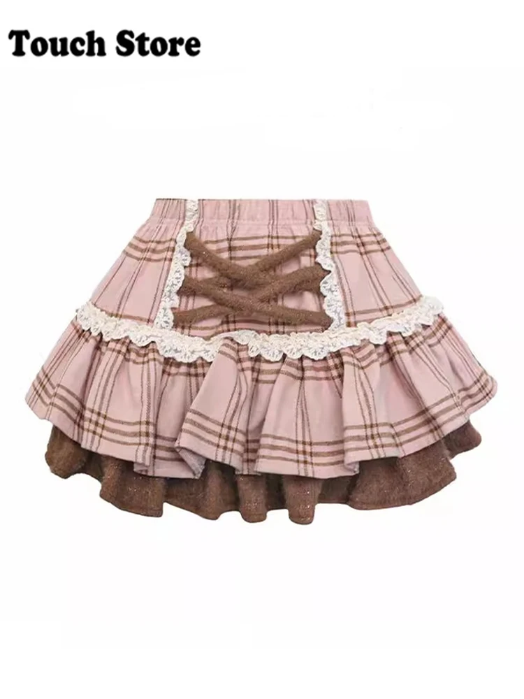 Women Korean Fashion 2000s Aesthetic Mini Patchwork Lolita Skirt A-line Shoujo Plaid Cute Core Japanese Preppy Ruffle Y2k Gyaru