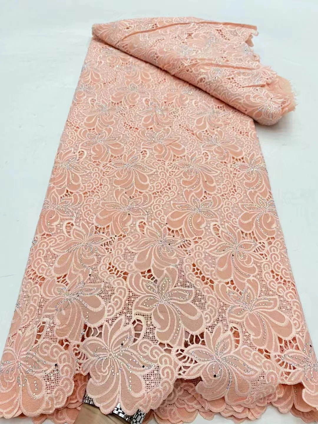 Pink African Pure Lace Fabric 2024 High quality lace Nigerian rope lace fabric with stone wedding sewing