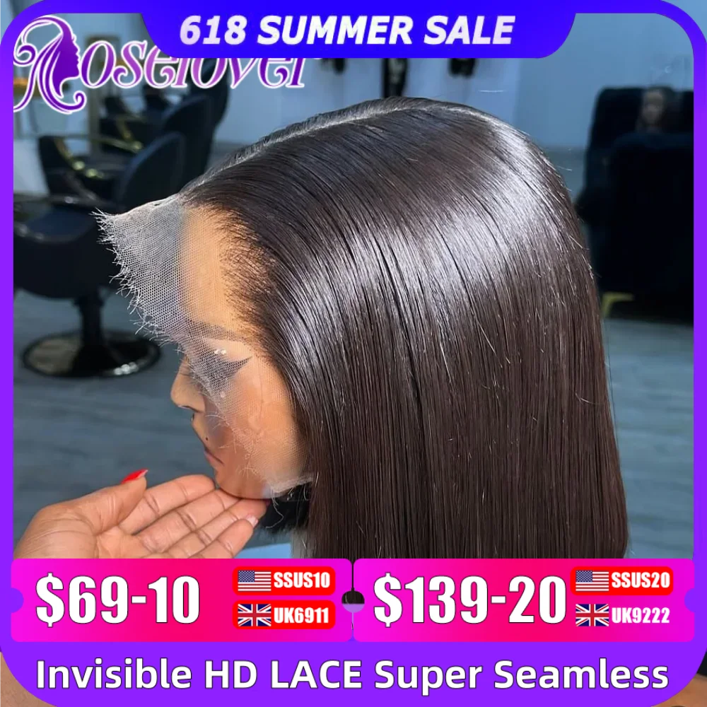 

ROSELOVER 16Inch 13x6 Invisible Real HD Lace Full Frontal Wig Glueless Straight 250% Density Bob Wig Human Hair 100%for Woman