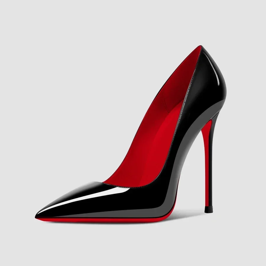 New 12cm pointed black high heels for women, slim heels with sexy temperament, shallow mouth, 34-46 red sole single shoes