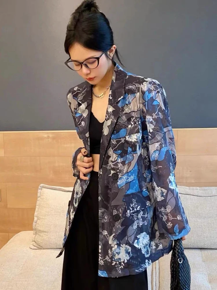 [oein] Jacquard Suit Collar Shirt For Women Summer Loose Western Style Transparent Thin Medium 2024 Autumn Blazer Fashion